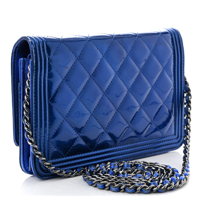 Chanel Metallic Patent Calfskin Quilted Boy Wallet on Chain WOC Blue 3 of 12