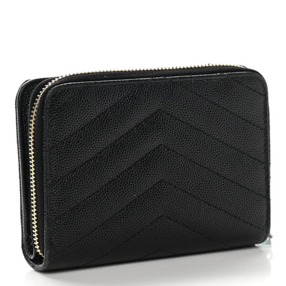Saint Laurent Grain De Poudre Matelasse Chevron Monogram Compact Zip Around Wallet Black 3 of 9