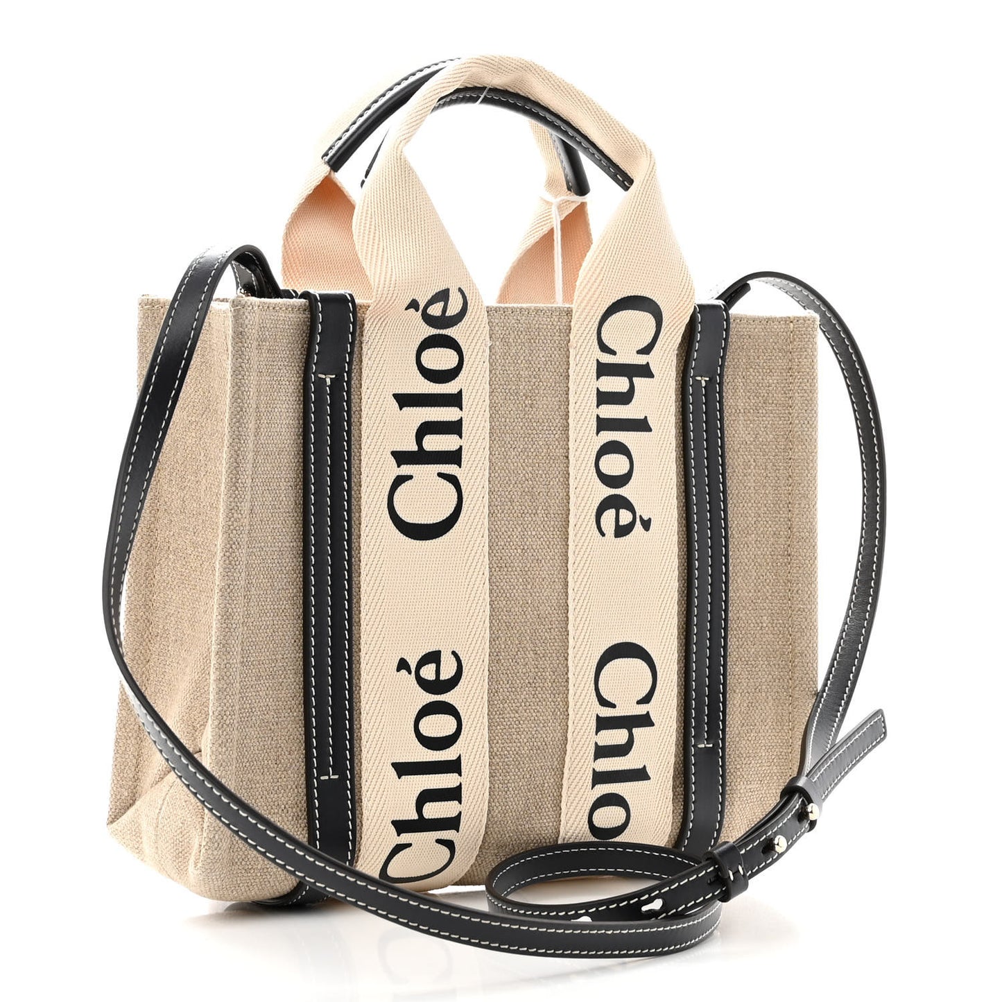 Linen Calfskin Small Woody Ribbon Tote With Strap White Navy