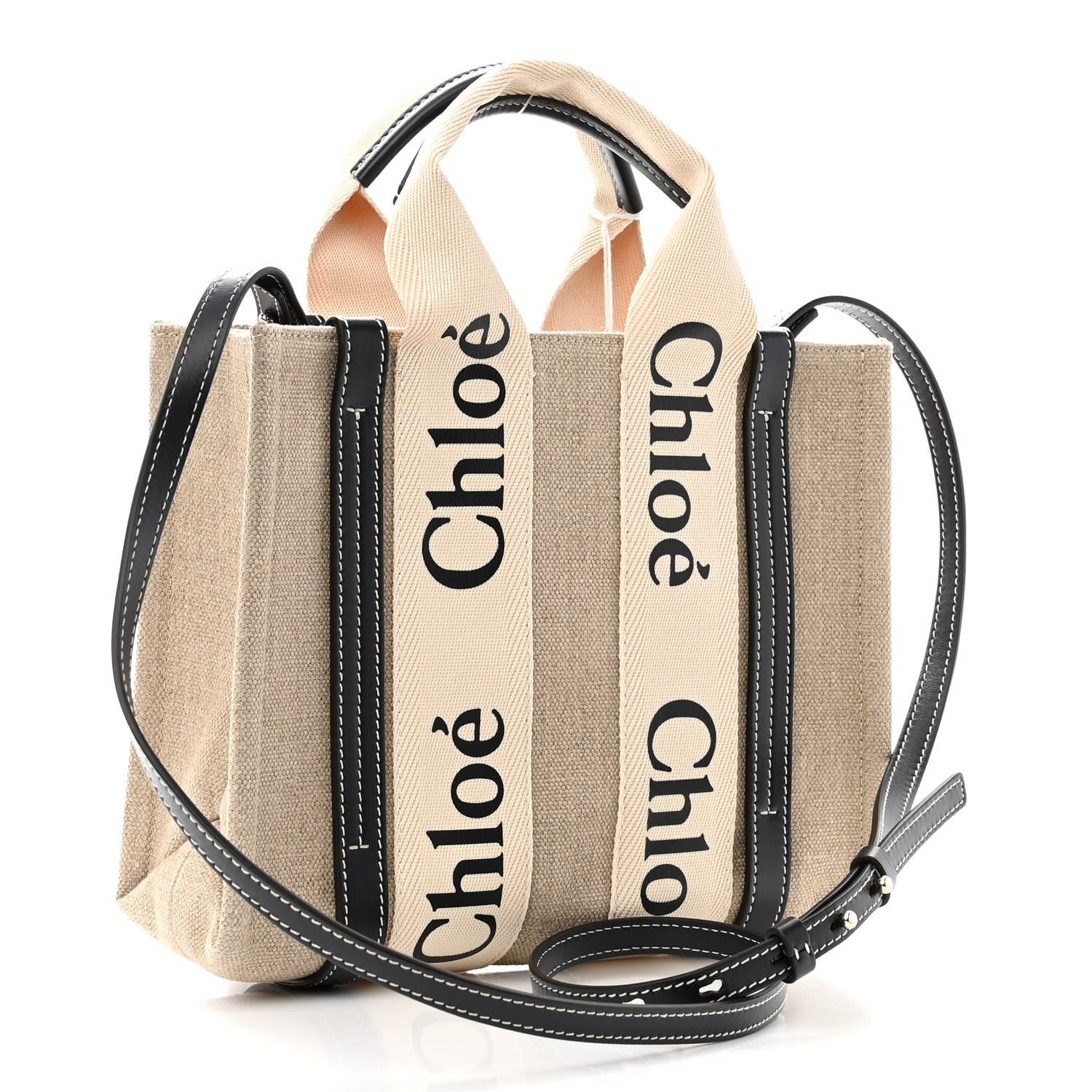 Chloe Linen Calfskin Small Woody Ribbon Tote With Strap White Navy 3 of 9