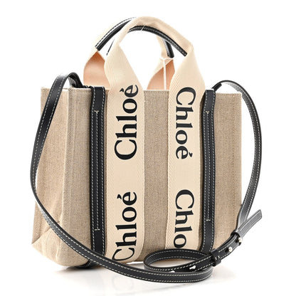 Chloe Linen Calfskin Small Woody Ribbon Tote With Strap White Navy 3 of 9