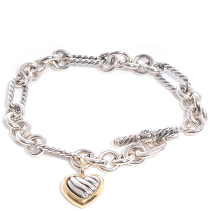 David Yurman Sterling Silver 18K Yellow Gold Cable Heart Charm Bracelet 1 of 5