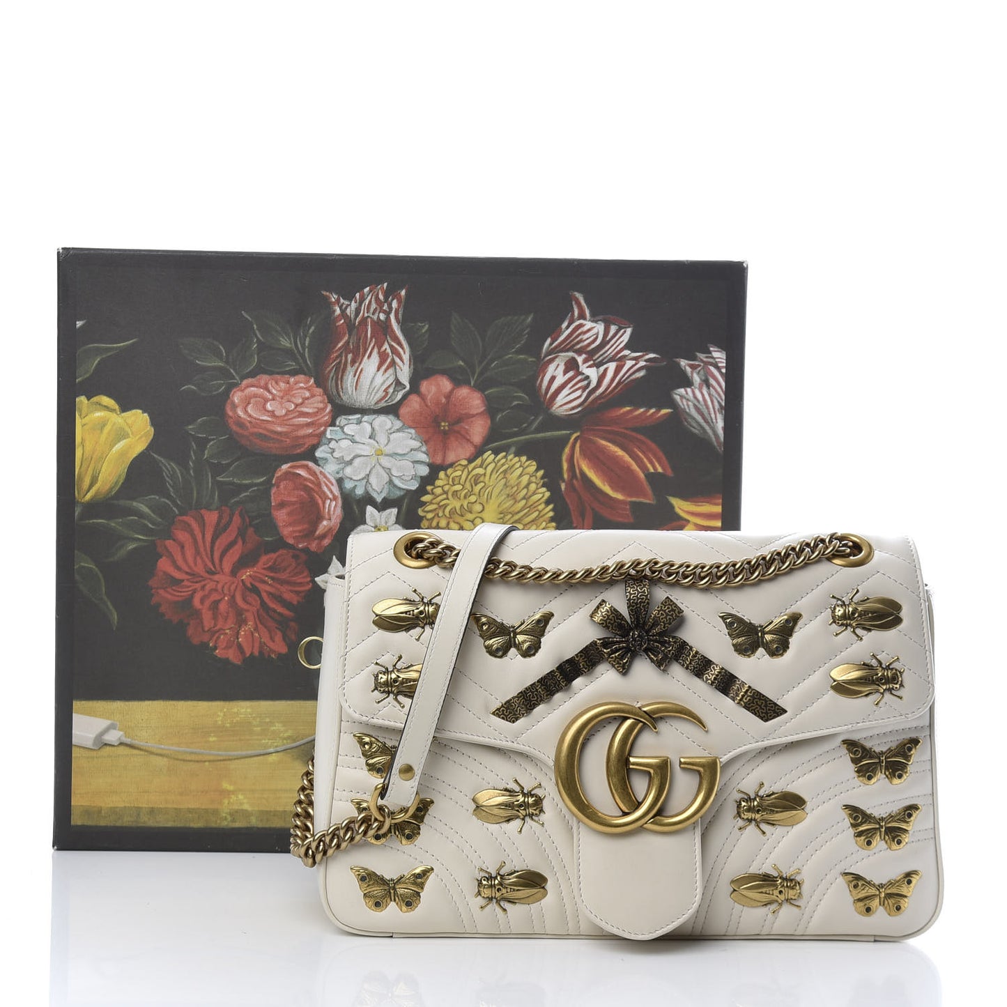 Calfskin Matelasse Animal Studs Medium GG Marmont Shoulder Bag Mystic White