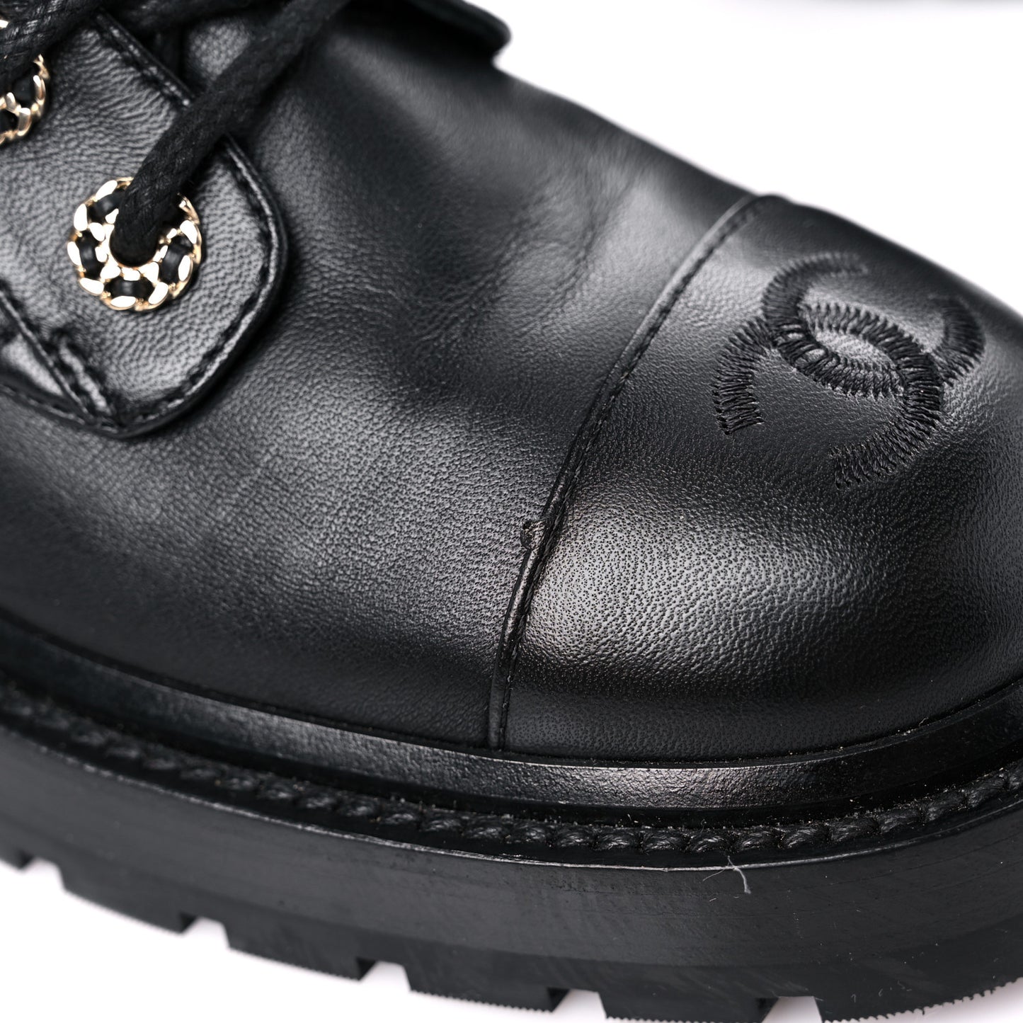 Shiny Calfskin Quilted Lace Up Combat Boots 36.5 Black