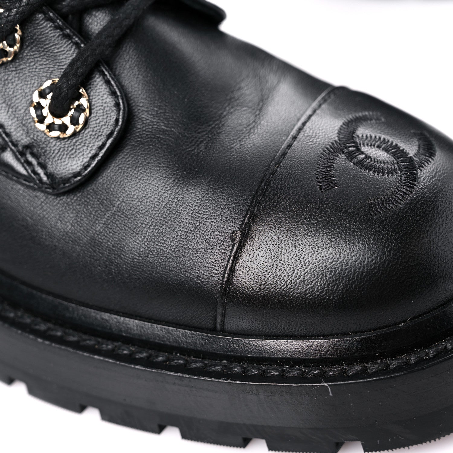 Chanel Shiny Calfskin Quilted Lace Up Combat Boots 36.5 Black 10 of 11
