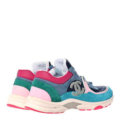Chanel Nylon Calfskin Suede CC Sneakers 39.5 Navy Turquoise 4 of 16