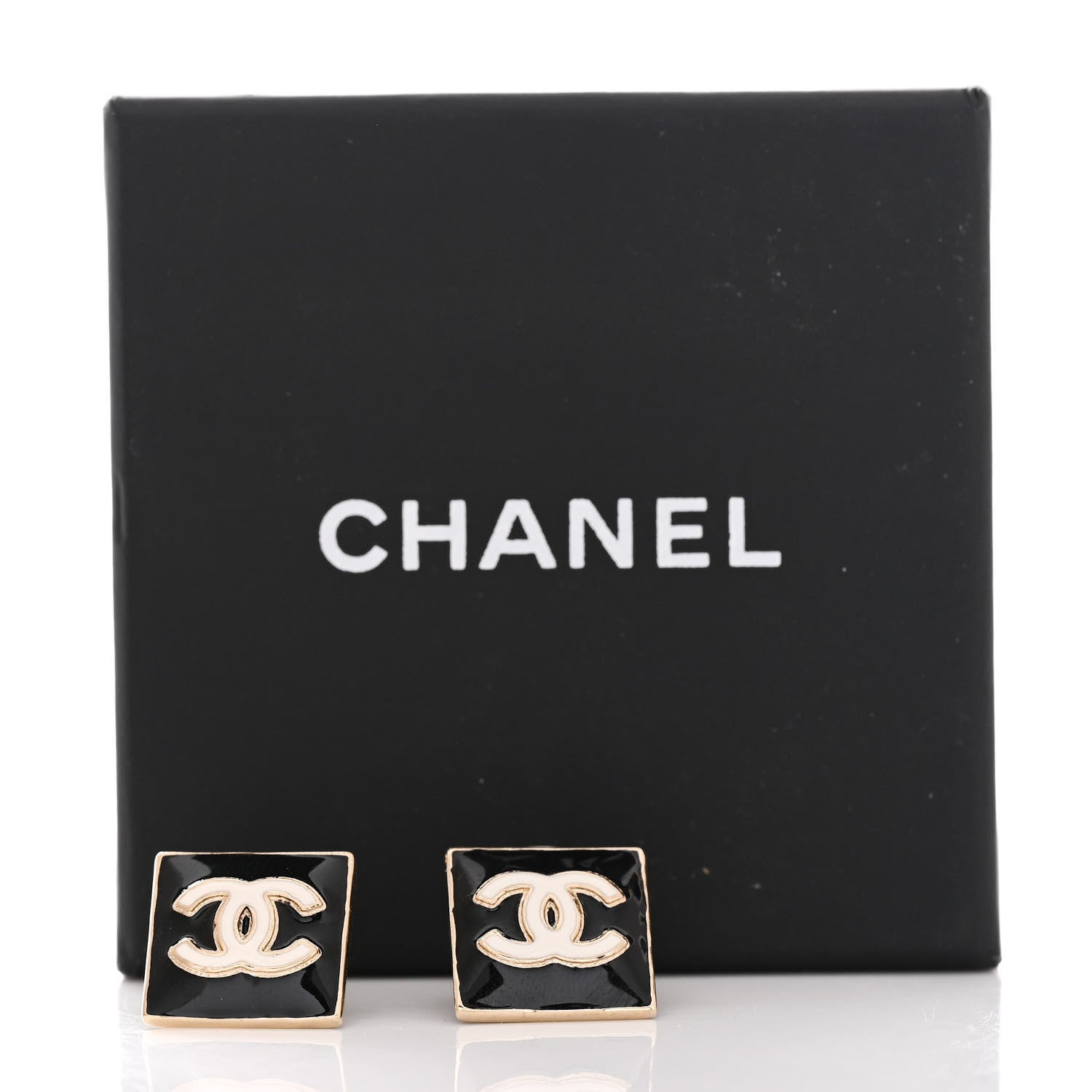 Chanel Metal Enamel CC Square Earrings Gold Black White 5 of 5
