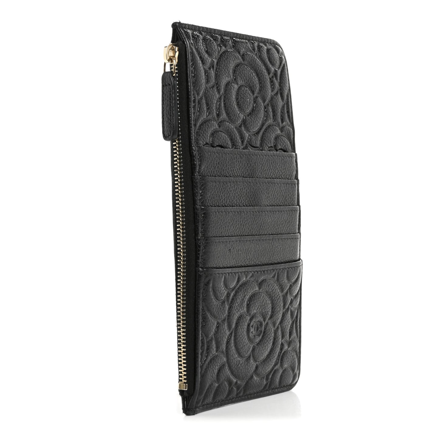 Caviar Camellia Embossed Classic Flat Wallet Pouch Black