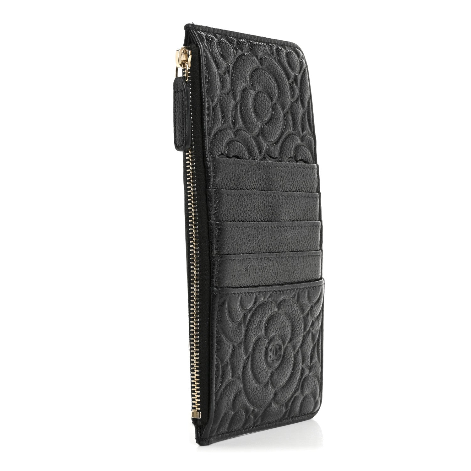 Chanel Caviar Camellia Embossed Classic Flat Wallet Pouch Black 3 of 12