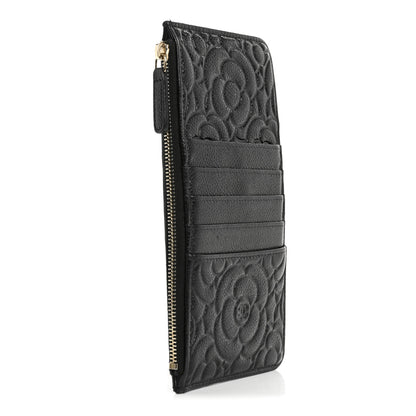 Chanel Caviar Camellia Embossed Classic Flat Wallet Pouch Black 3 of 12