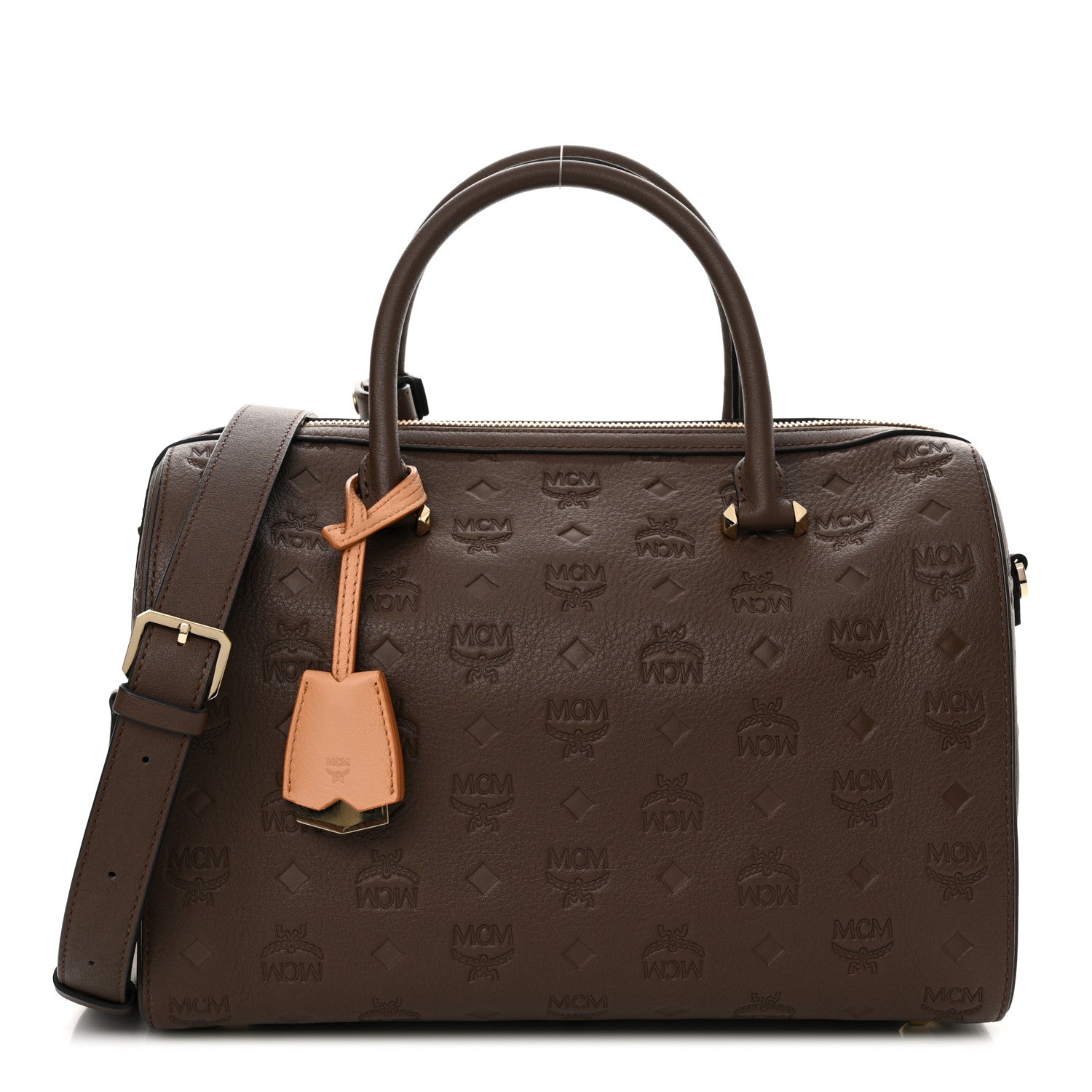 MCM Calfskin Ottomar Monogram Medium Essential Boston Bag Chestnut 1 of 9