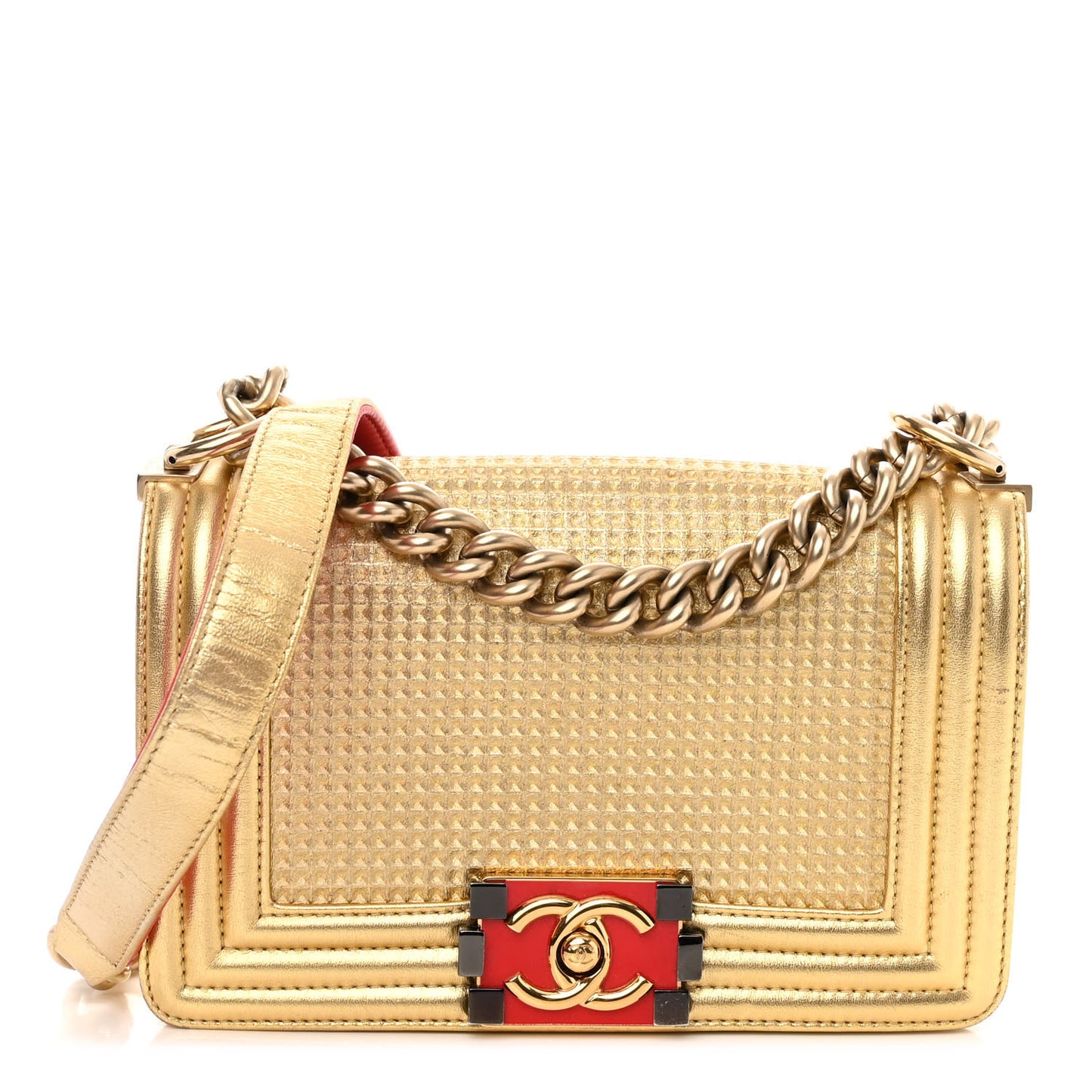 Metallic Lambskin Embossed Small Cube Boy Flap Gold