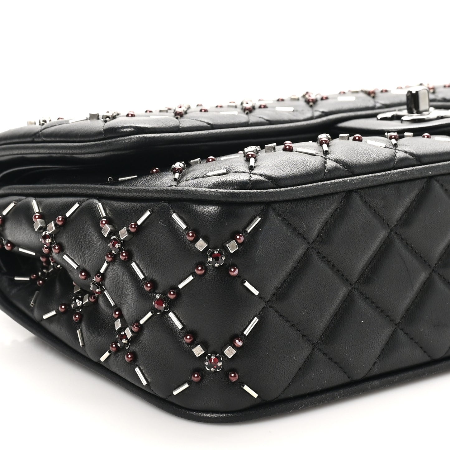 Lambskin Quilted Beaded Medium Double Flap Black