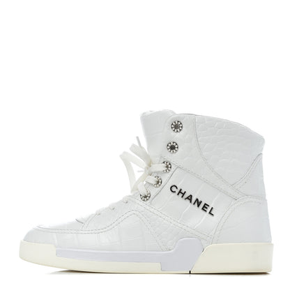 Chanel Calfskin Crocodile Embossed Cocodile High Top Sneakers 39.5 White 1 of 9