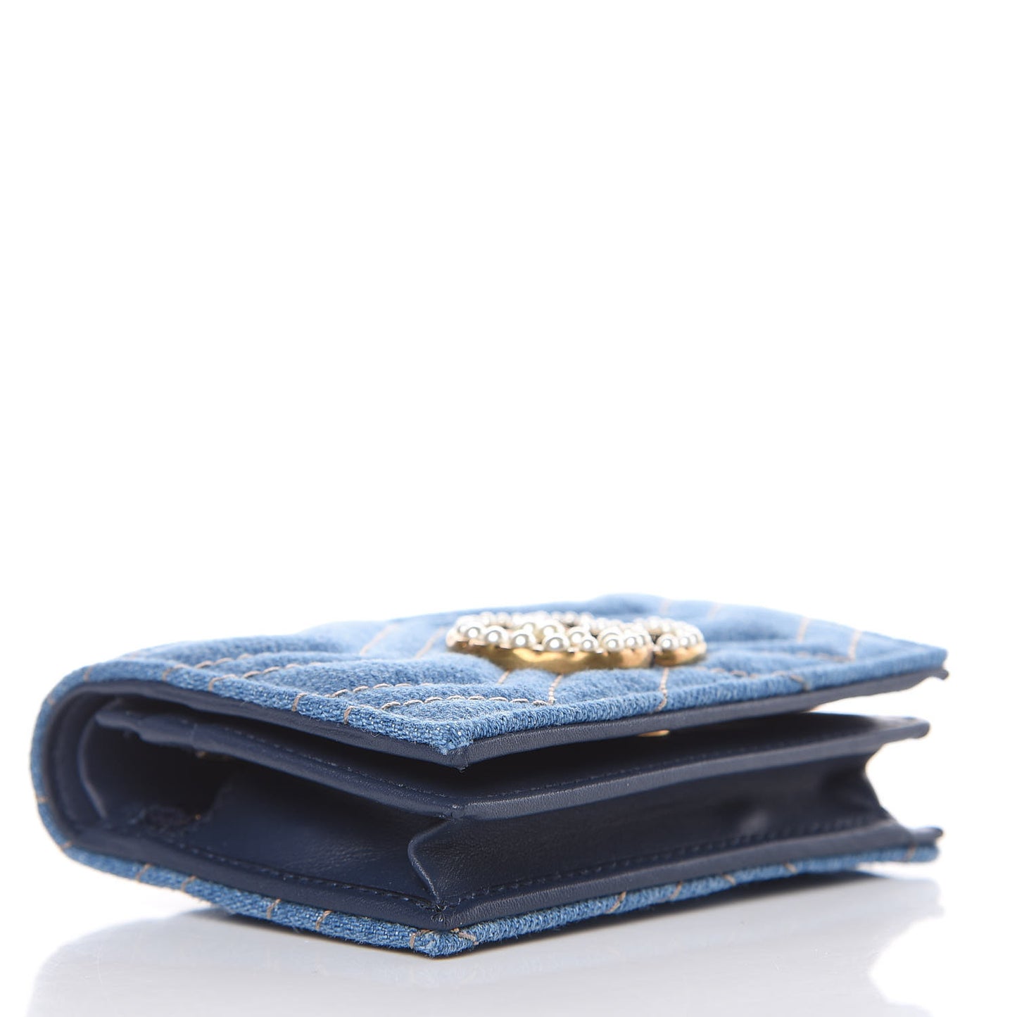 Denim Matelasse Pearly GG Marmont Card Case Wallet Blue