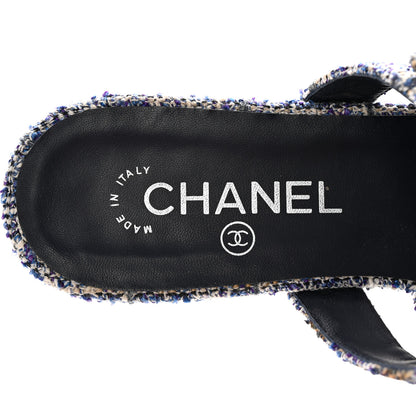 Chanel Tweed Lambskin CC Turnlock Mule Sandals 38 Blue Ecru Grey 7 of 14