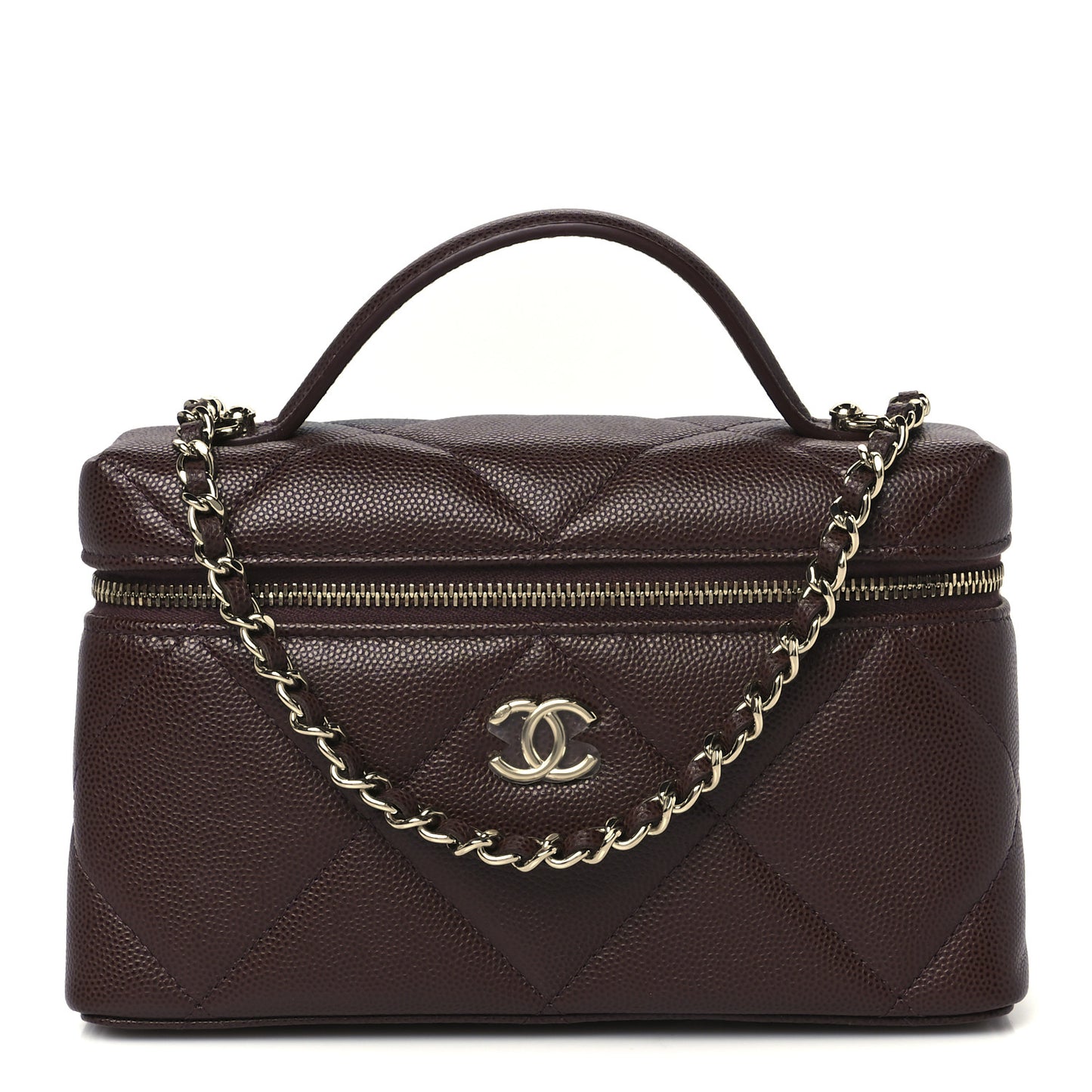 Caviar Quilted Top Handle Slim Vanity With Chain Dark Brown