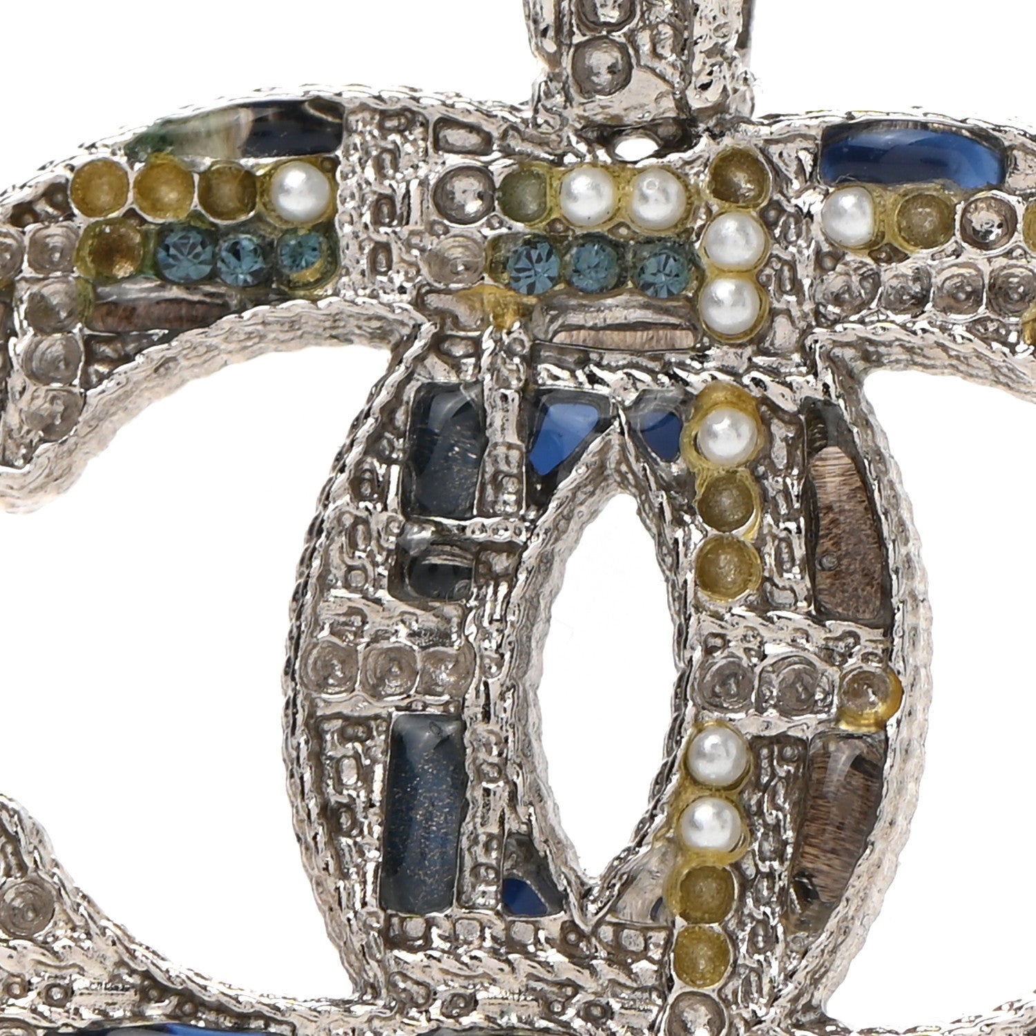 Chanel Crystal Pearl Tweed Effect CC Necklace Blue White 6 of 6