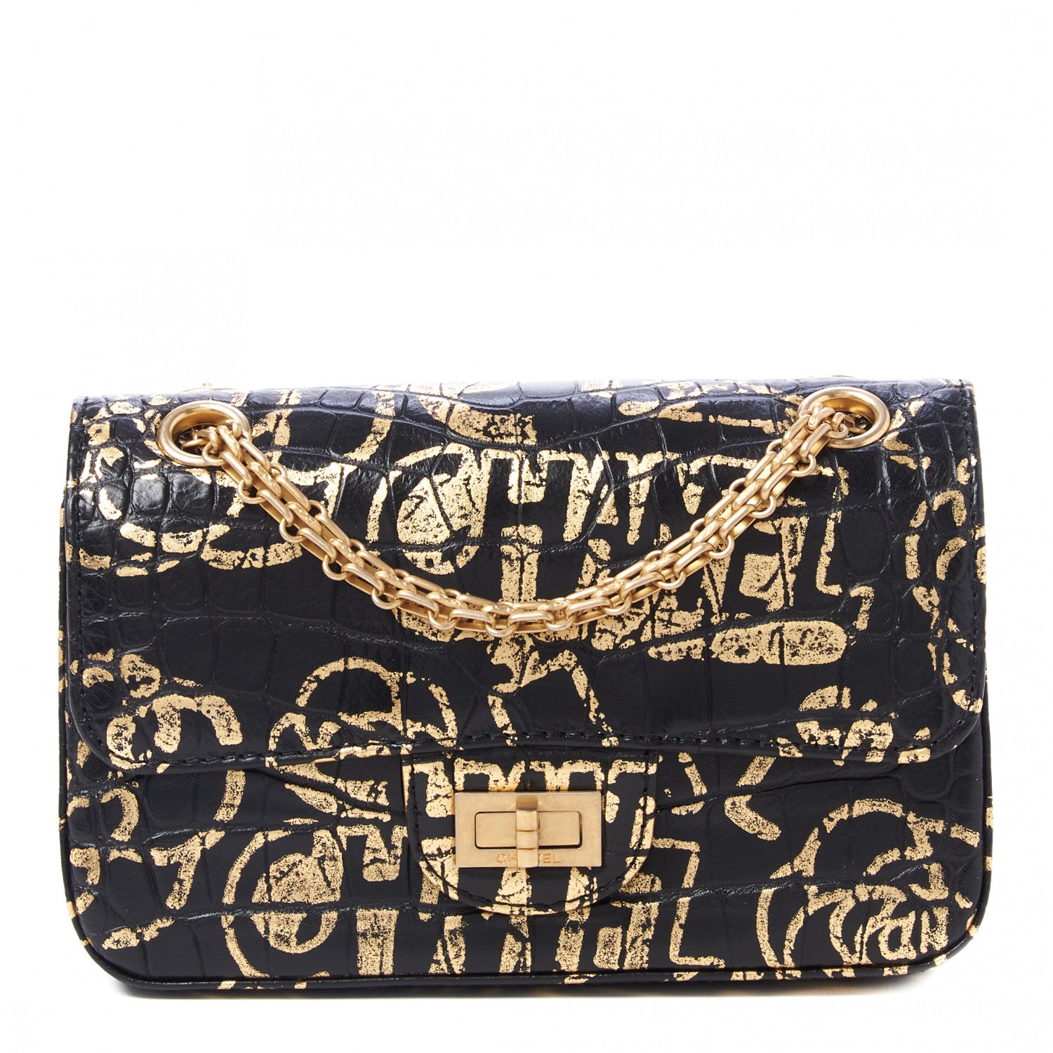 Chanel Calfskin Crocodile Embossed Graffiti 2.55 Mini Cocodile Reissue Flap Black Gold 1 of 11