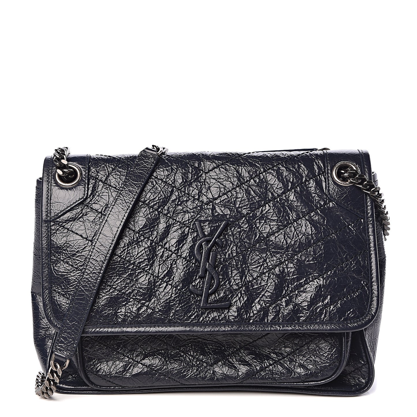 Crinkled Calfskin Matelasse Monogram Medium Niki Chain Satchel Deep Marine
