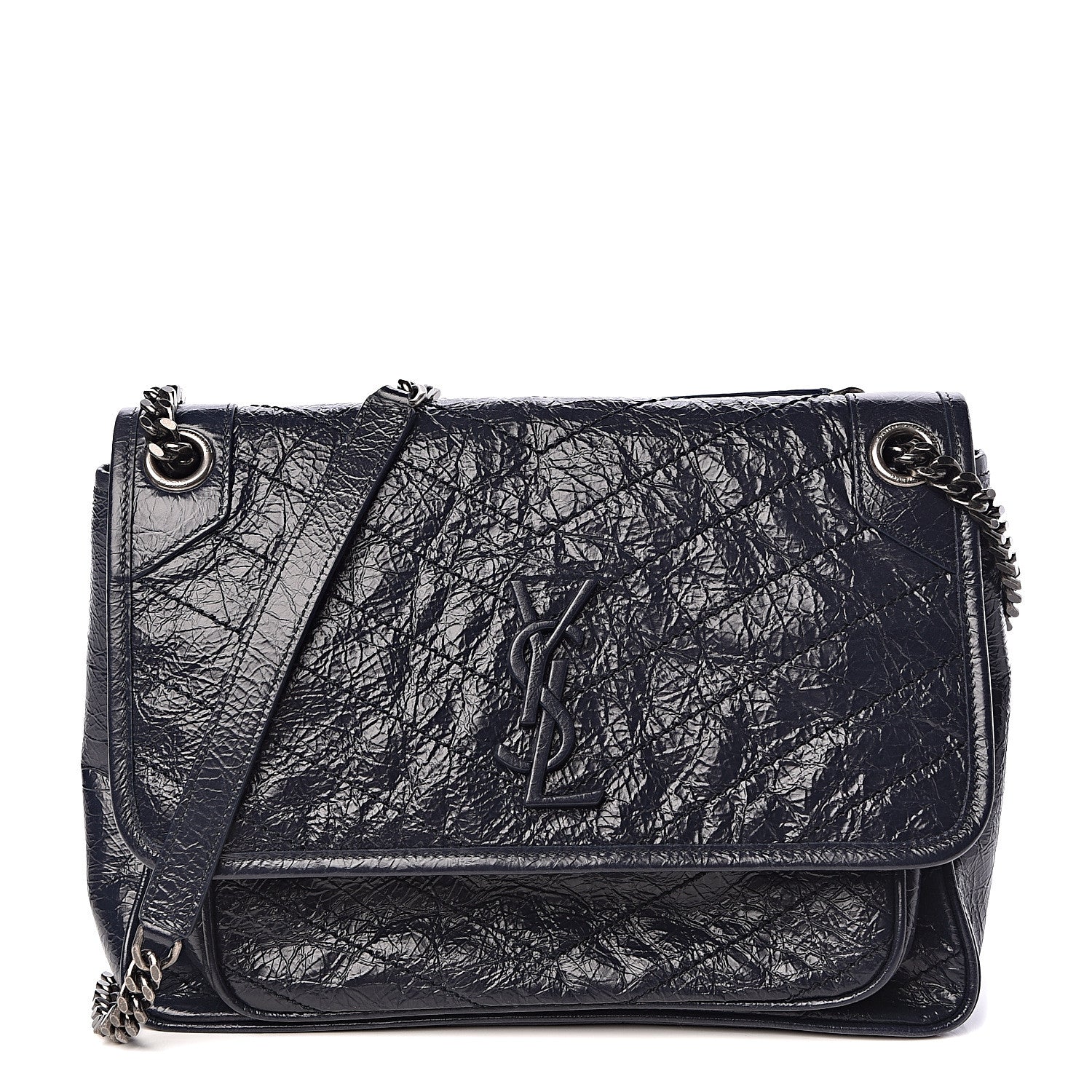 Saint Laurent Crinkled Calfskin Matelasse Monogram Medium Niki Chain Satchel Deep Marine 1 of 10
