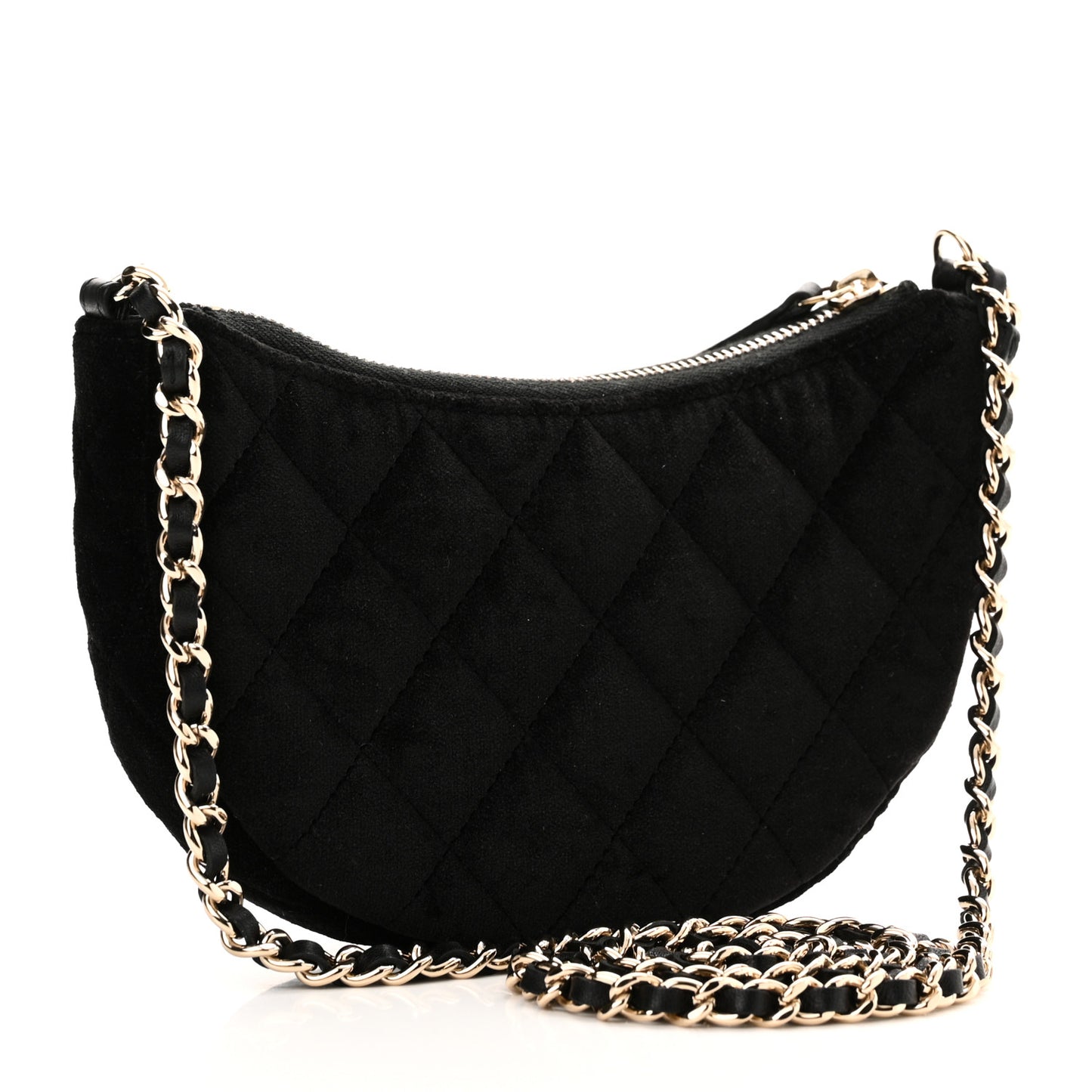 Velvet Crystal Quilted Chain Hobo Black