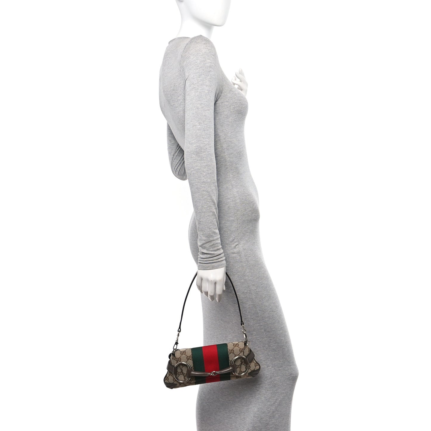 Monogram Textured Dollar Calfskin Heavy Grosgrain Web Small Maxi Horsebit Chain Shoulder Bag Beige Ebony New Acero
