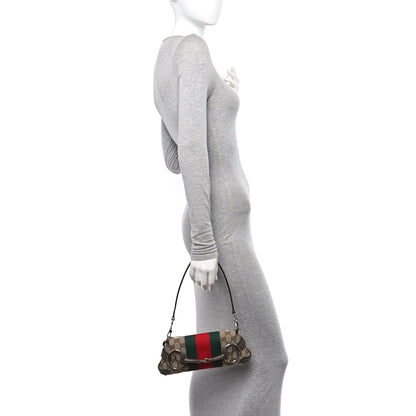 Gucci Monogram Textured Dollar Calfskin Heavy Grosgrain Web Small Maxi Horsebit Chain Shoulder Bag Beige Ebony New Acero 2 of 10
