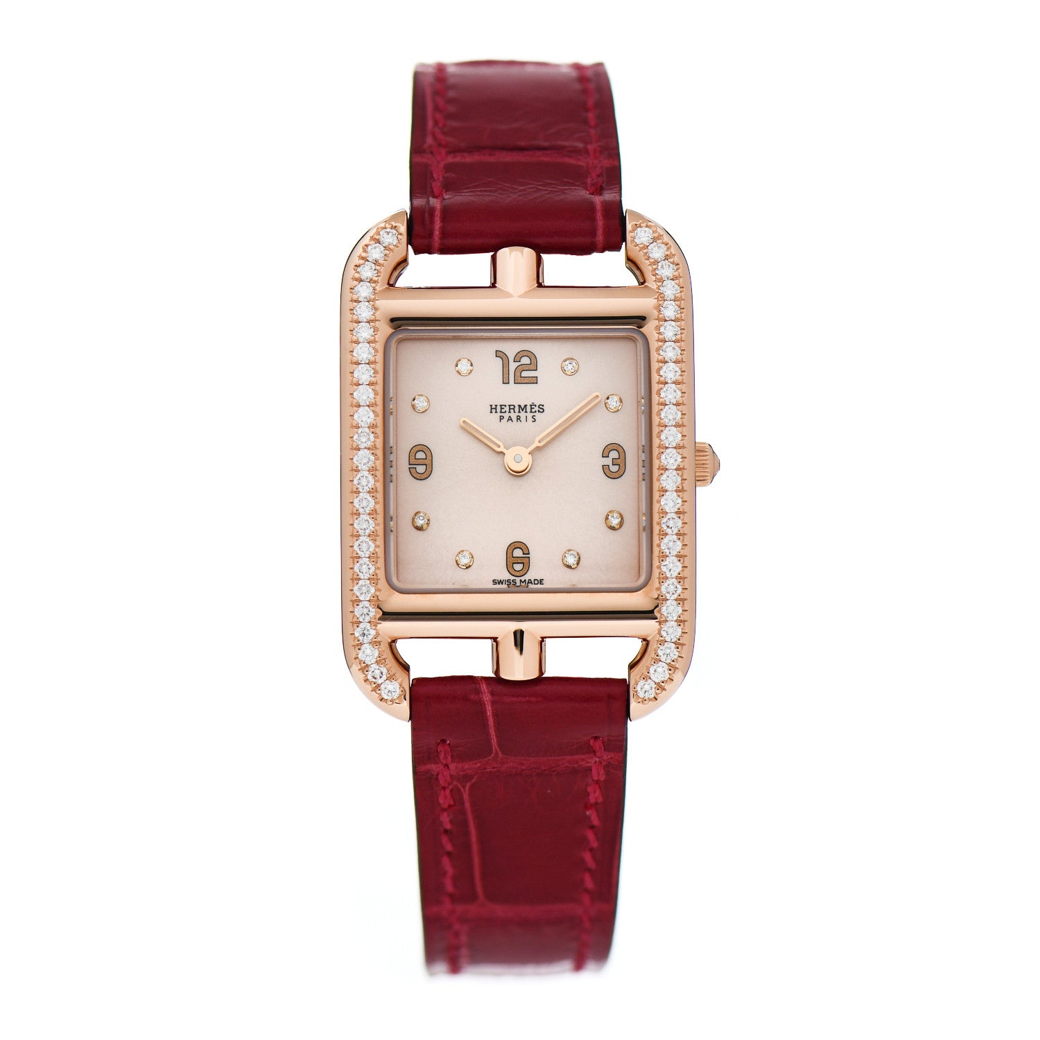 Hermes 18K Rose Gold Alligator Diamond Bezel Mother of Pearl 23mm Cape Cod Quartz Watch Rouge Casaque 1 of 5