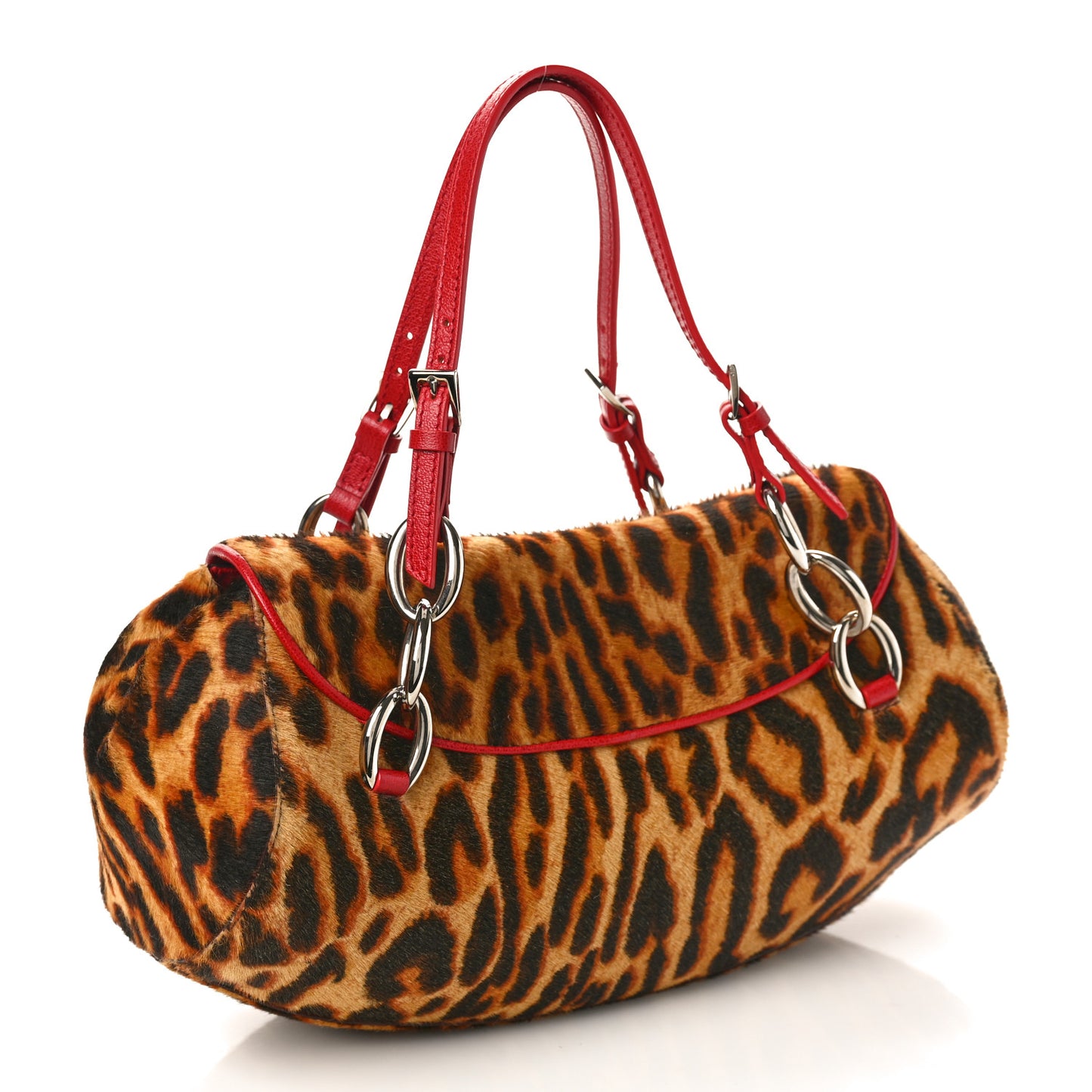 Pony Hair Leopard Print Diva Logo Shoulder Bag Red
