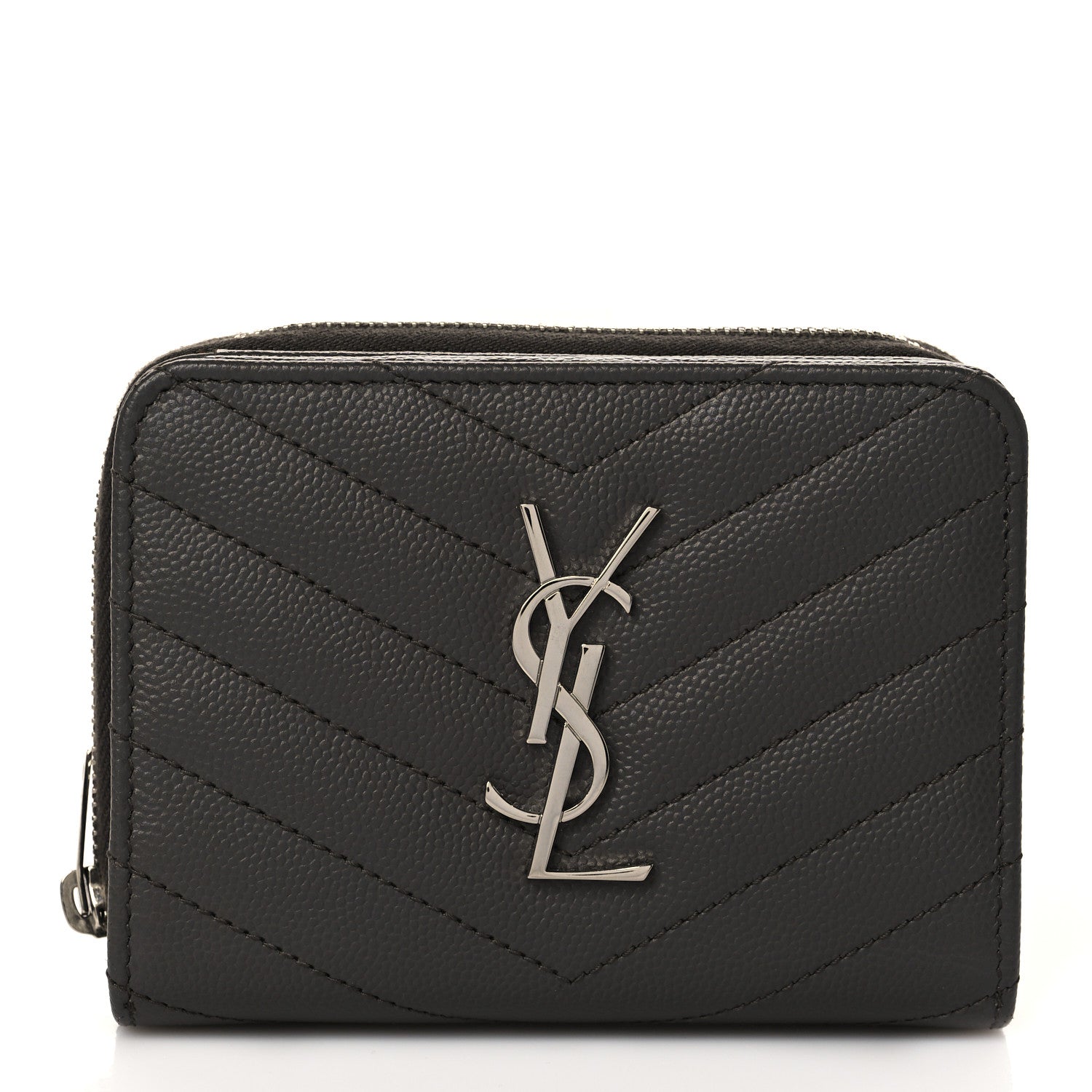 Saint Laurent Grain De Poudre Matelasse Chevron Monogram Compact Zip Around Wallet Earth 1 of 8