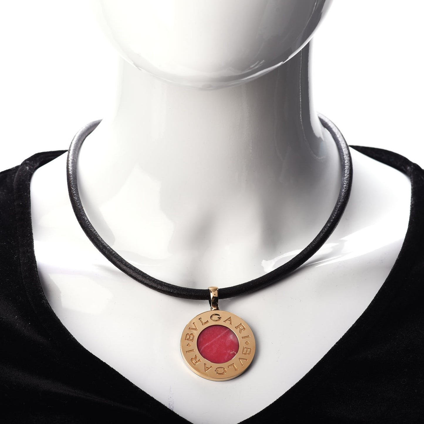 Stainless Steel 18K Yellow Gold Black Onyx Rhodochrosite BVLGARI Cord Pendant Necklace