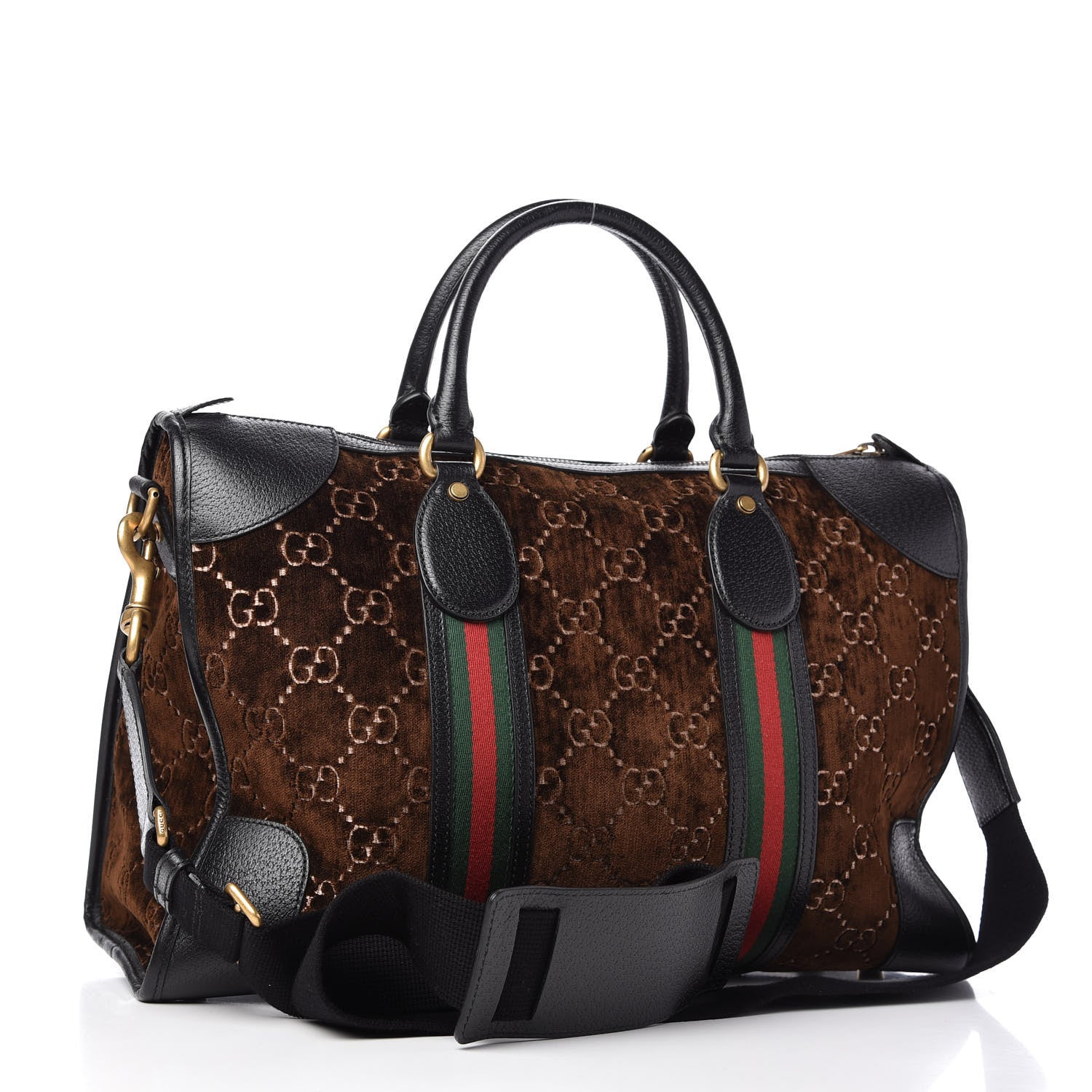 Gucci Velvet GG Monogram Textured Calfskin Web Medium Duffle Bag Brown Black 3 of 11