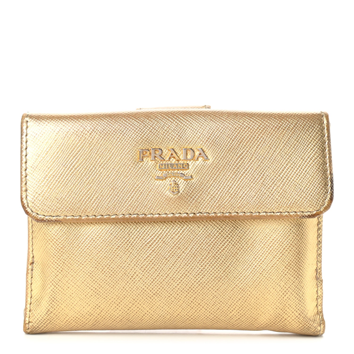 Prada Metallic Saffiano Compact Flap Wallet Gold 1 of 14