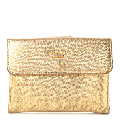 Prada Metallic Saffiano Compact Flap Wallet Gold 1 of 14