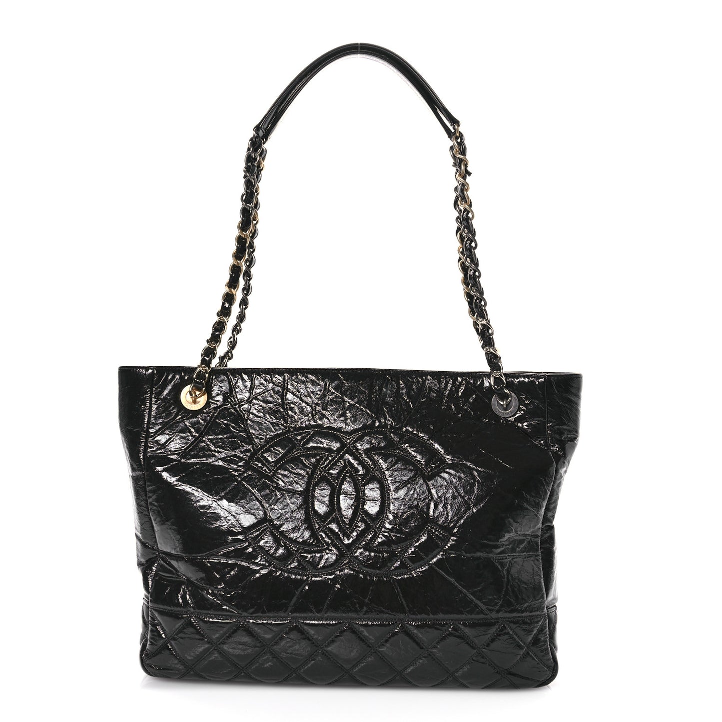 Shiny Aged Calfskin Quilted Large Shopping Bag Black