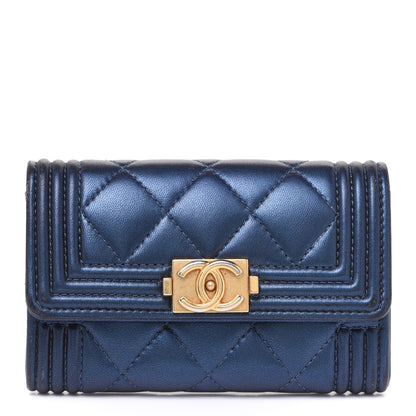Chanel Metallic Lambskin Quilted Boy Flap Card Holder Blue 1 of 9