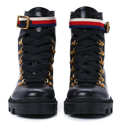 Gucci Calfskin Sylvie Web Womens Lace Up Combat Boots 37.5 Black 2 of 8
