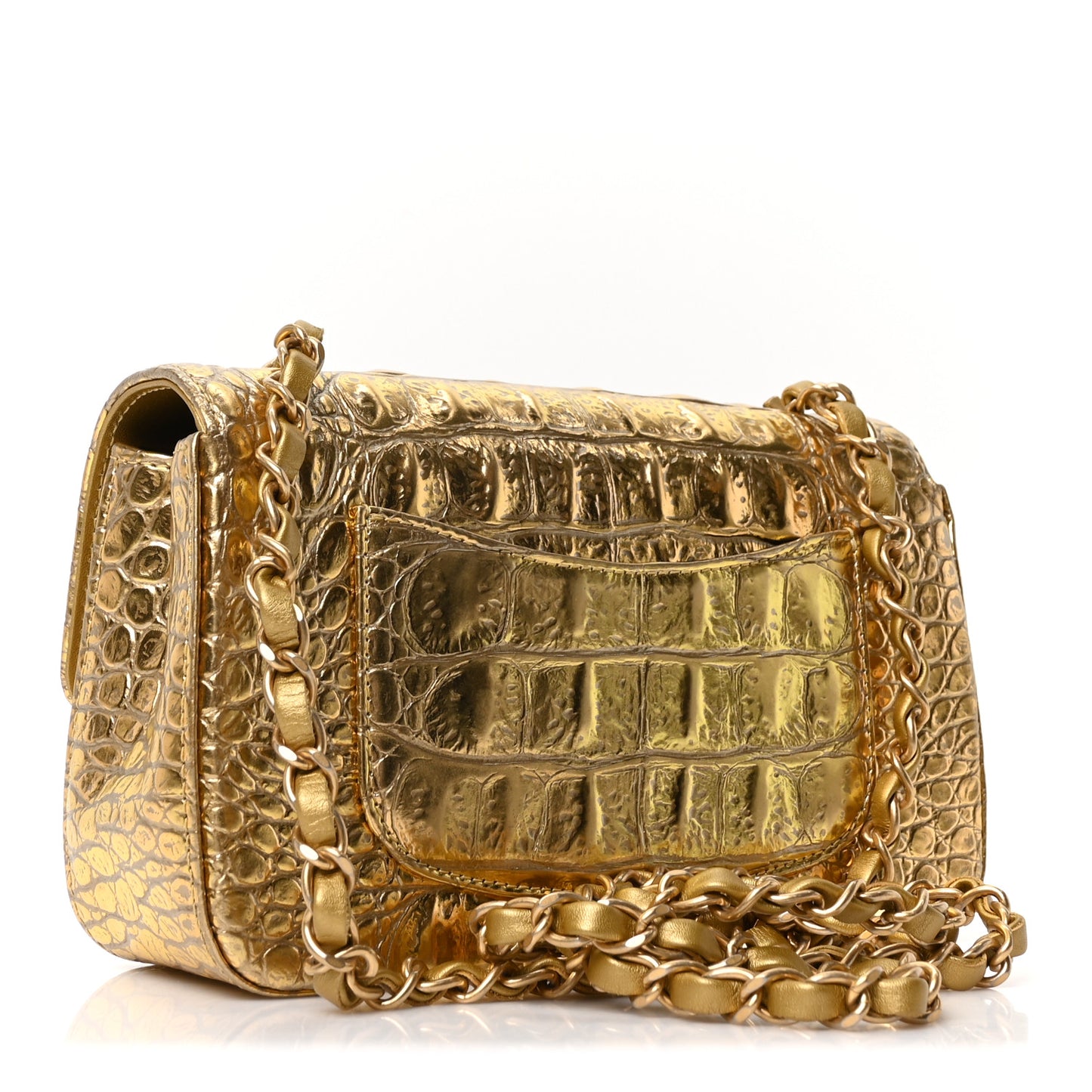 Metallic Calfskin Crocodile Embossed Cocodile Rectangular Mini Flap Gold