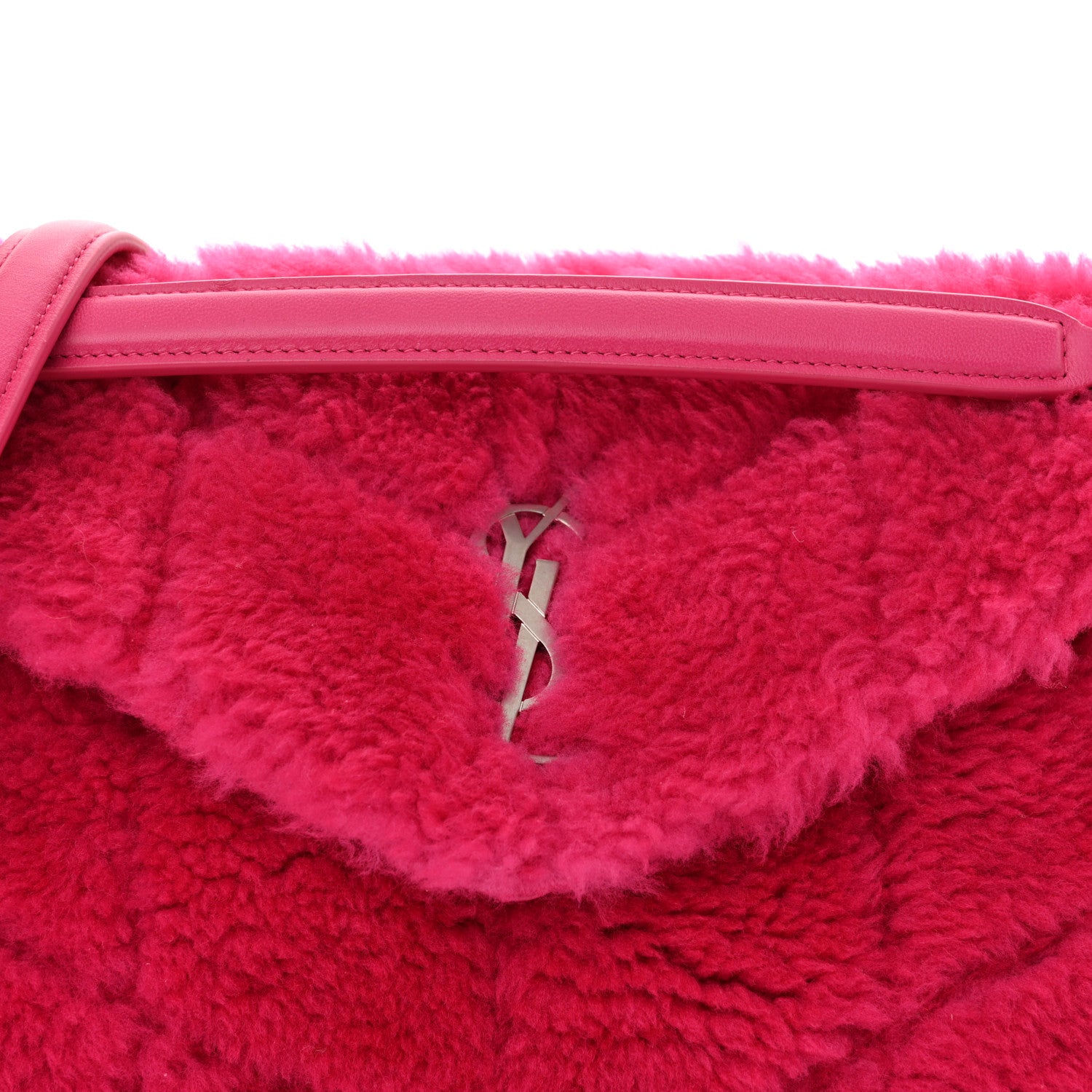 Saint Laurent Merino Shearling Lambskin Quilted Small Loulou Puffer Monogram Chain Satchel Fuchsia 8 of 11
