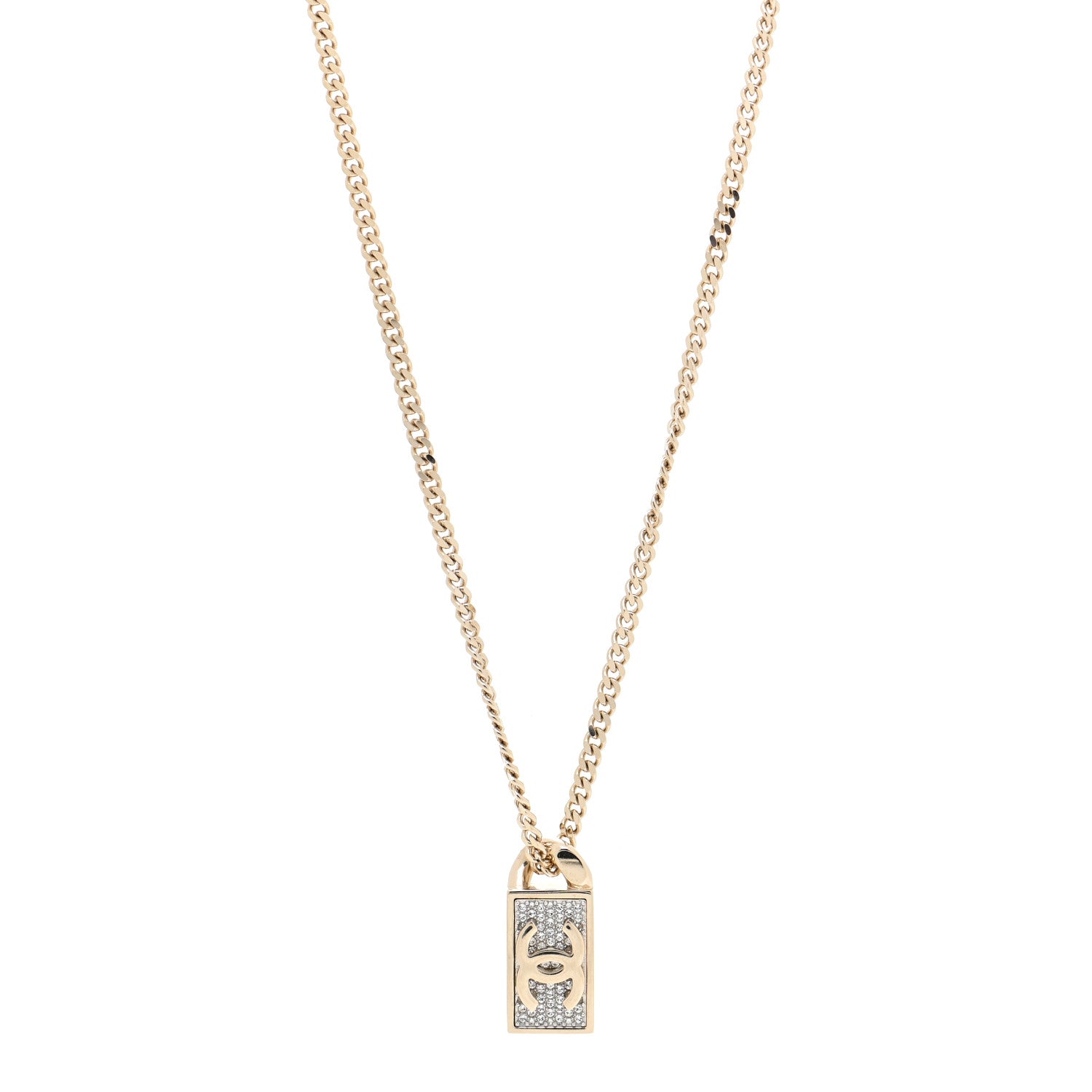 Chanel Crystal Dog Tag Charm Necklace Gold 1 of 5