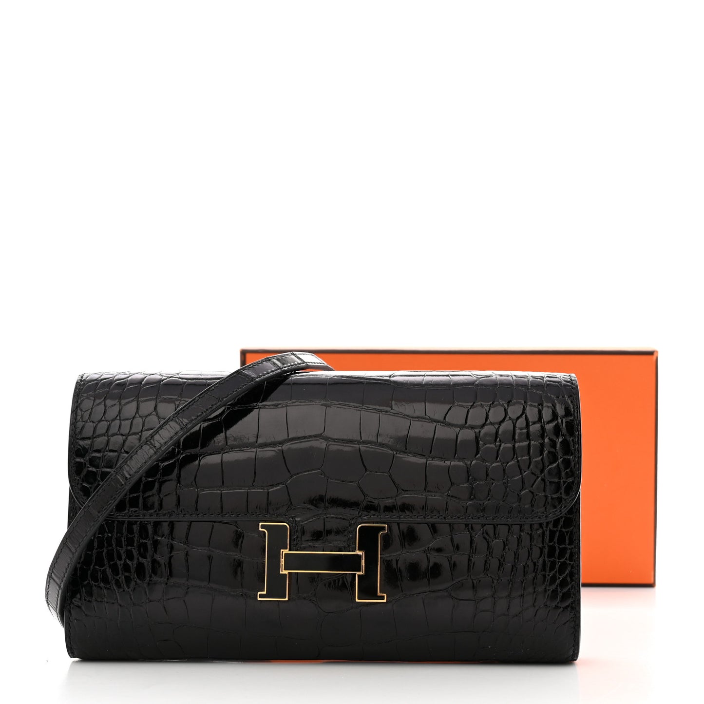 Shiny Alligator Enamel Constance Long Wallet To Go Black