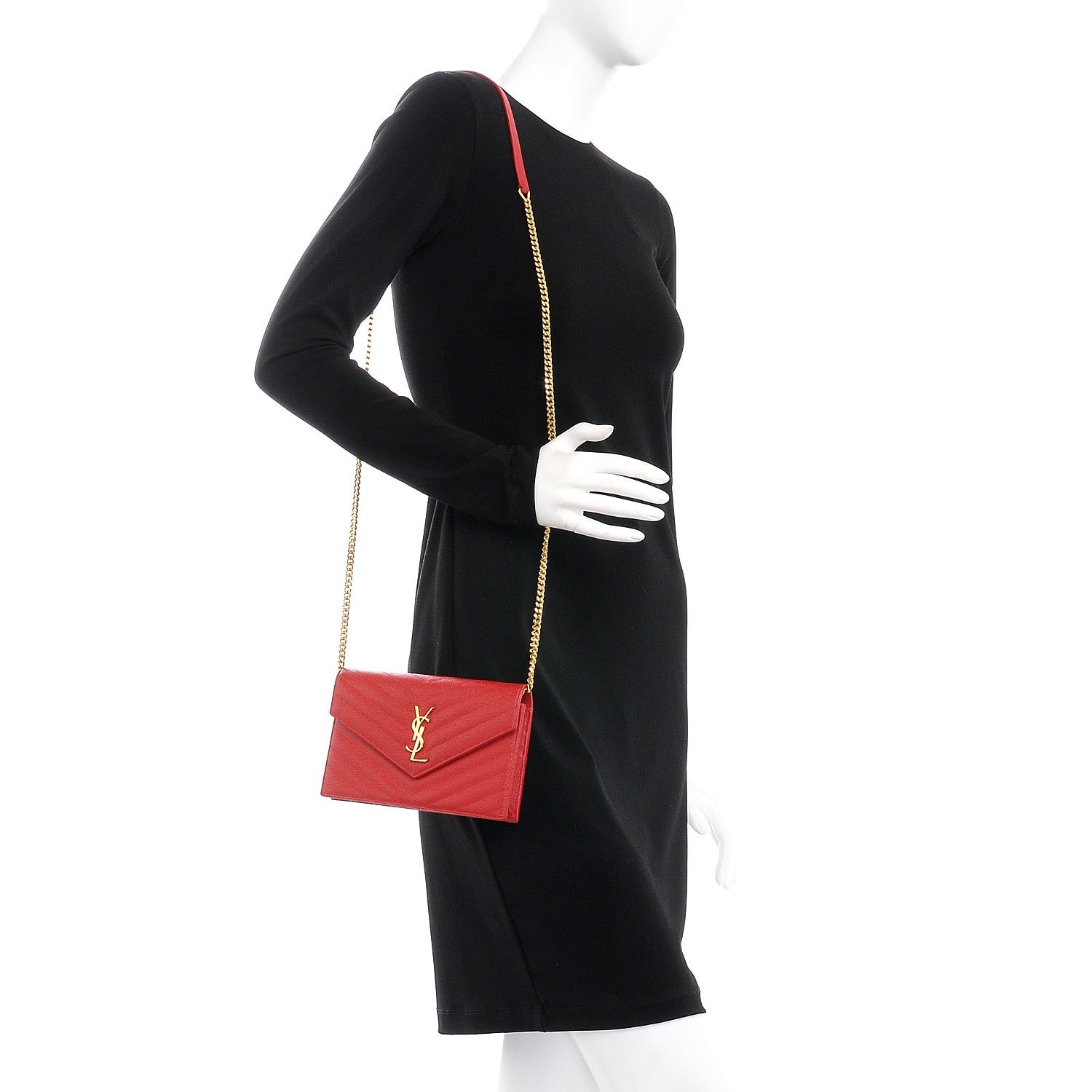 Saint Laurent Grain De Poudre Matelasse Chevron Monogram Envelope Chain Wallet New Red 2 of 9