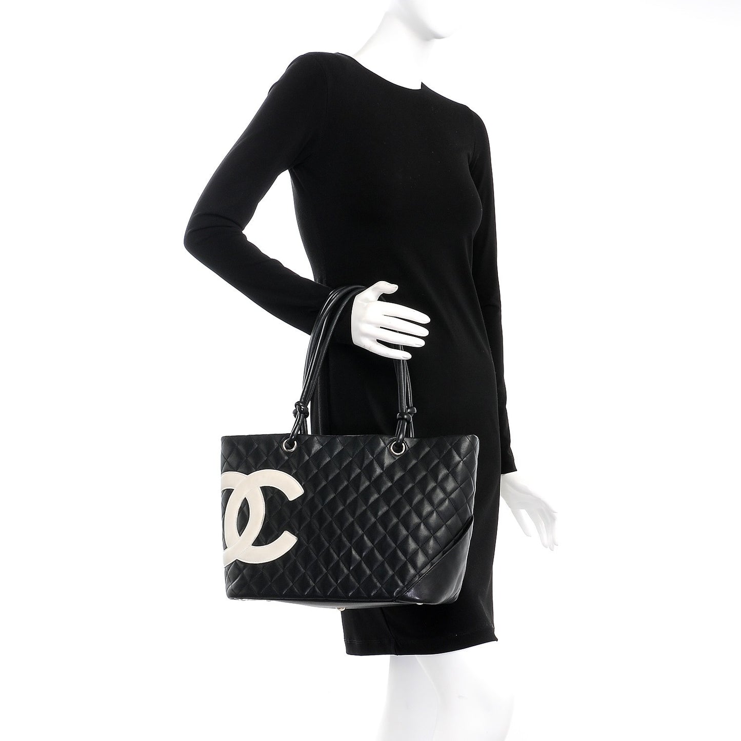 Calfskin Quilted Large Cambon Tote Black White