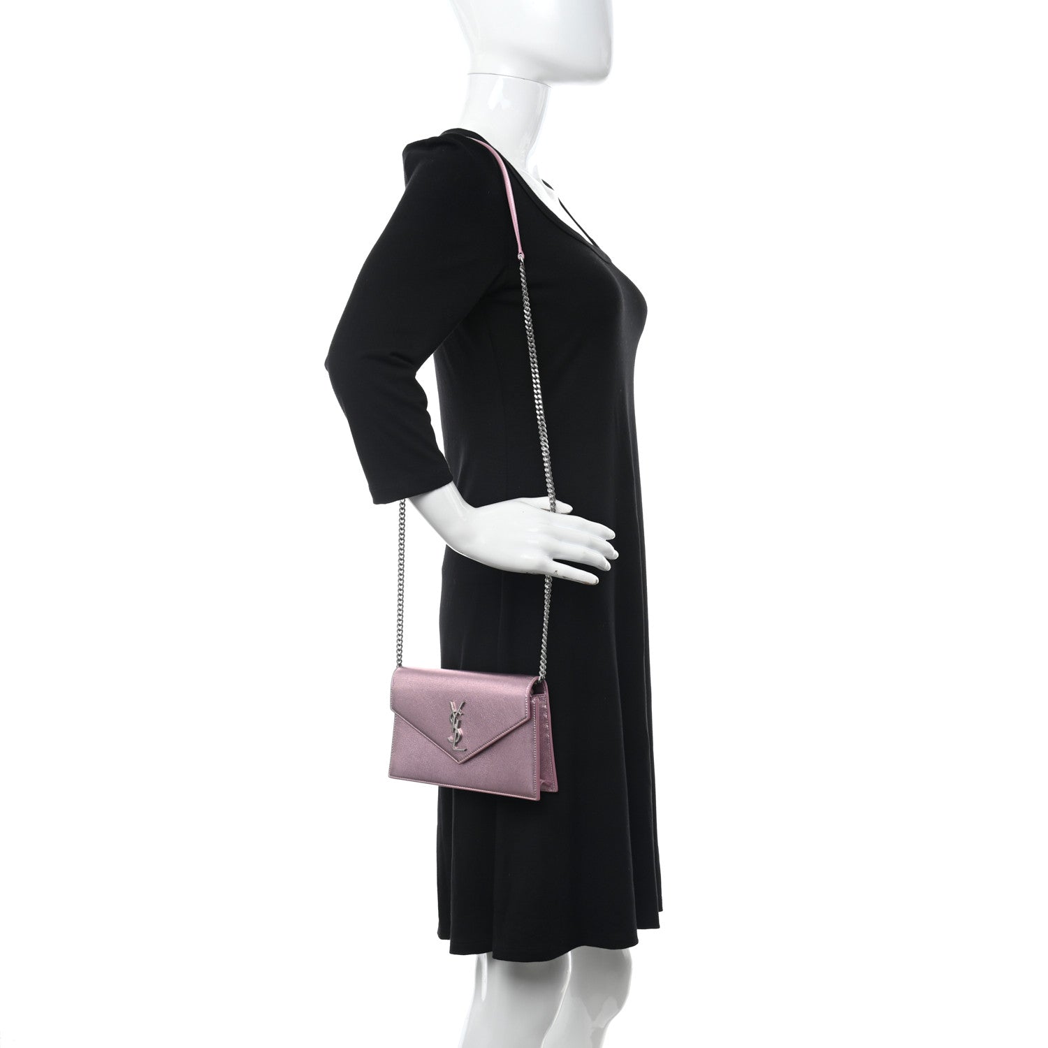 Saint Laurent Metallic Calfskin Monogram Envelope Chain Wallet Pink 2 of 10