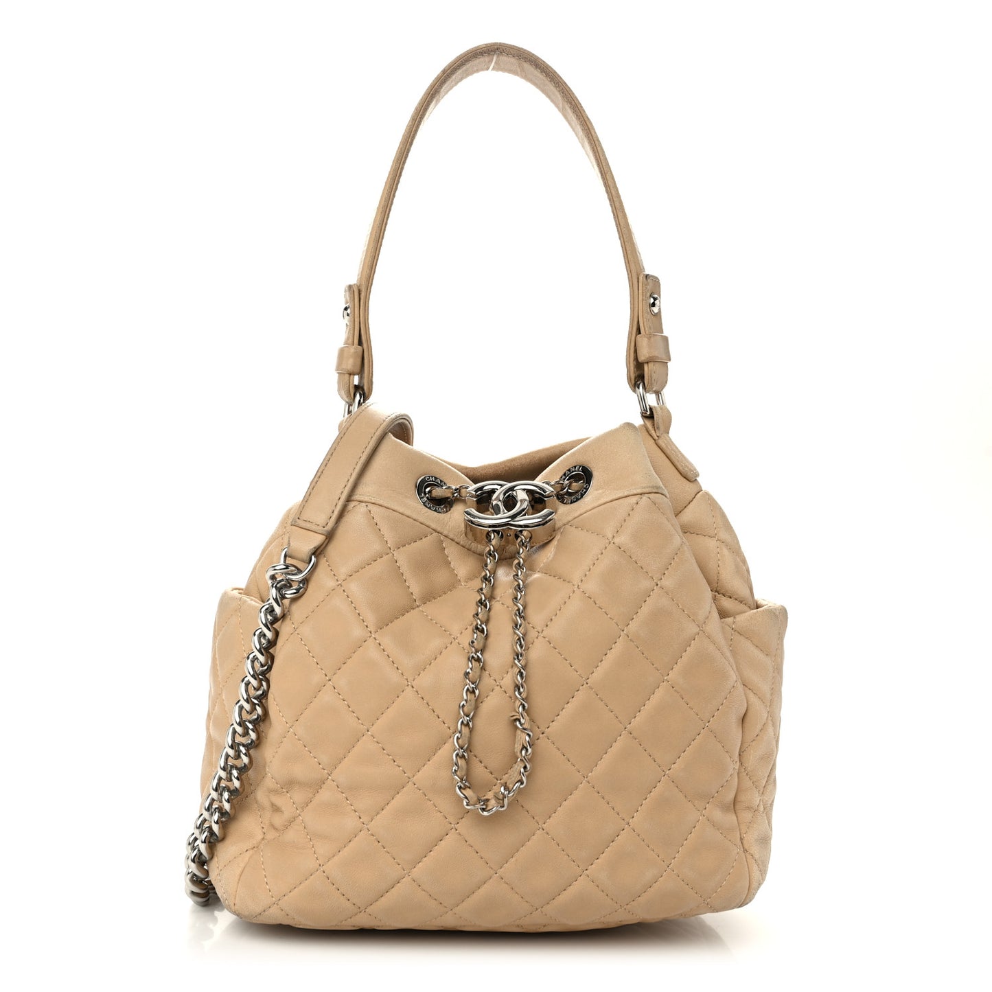 Lambskin Quilted Small CC Chain Bucket Drawstring Bag Light Beige