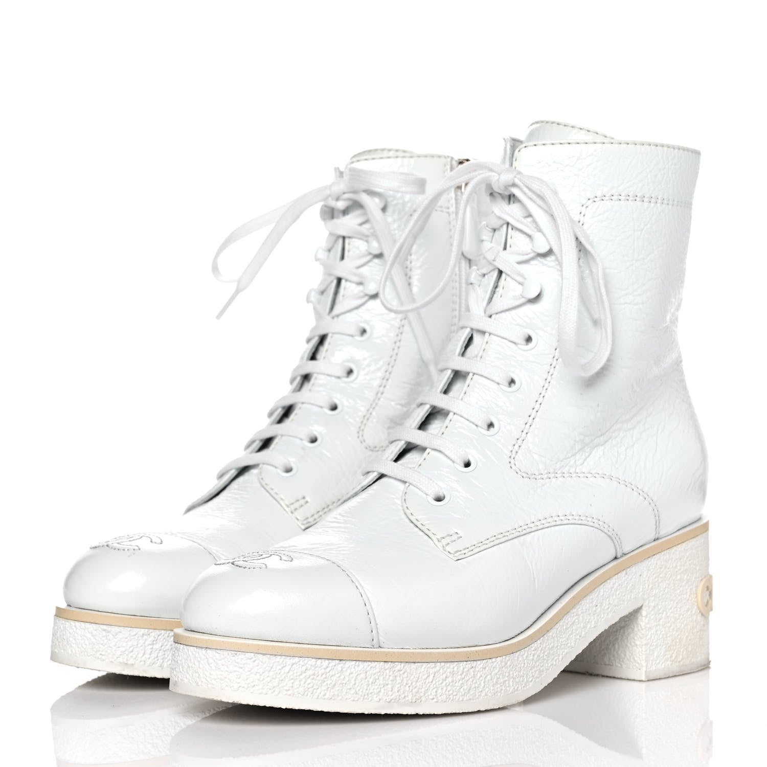 Chanel Shiny Crumpled Lambskin Lace Up Combat Boots 39 White 3 of 10