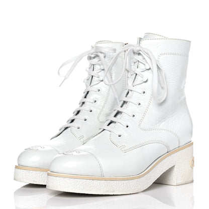 Chanel Shiny Crumpled Lambskin Lace Up Combat Boots 39 White 3 of 10
