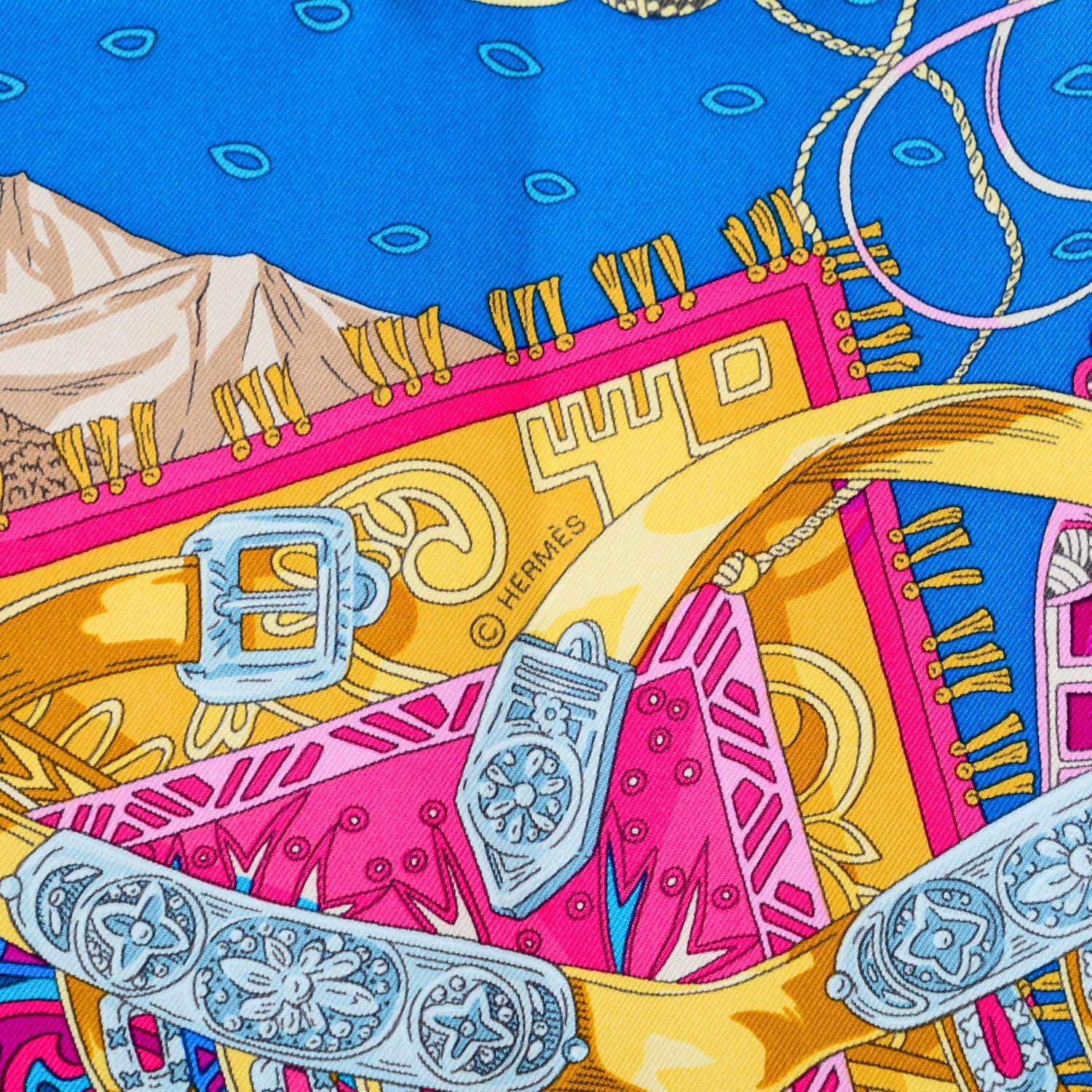 Hermes Silk Cavaliers du Caucase Scarf 90 Cobalt Fuchsia Vieil Or 4 of 5
