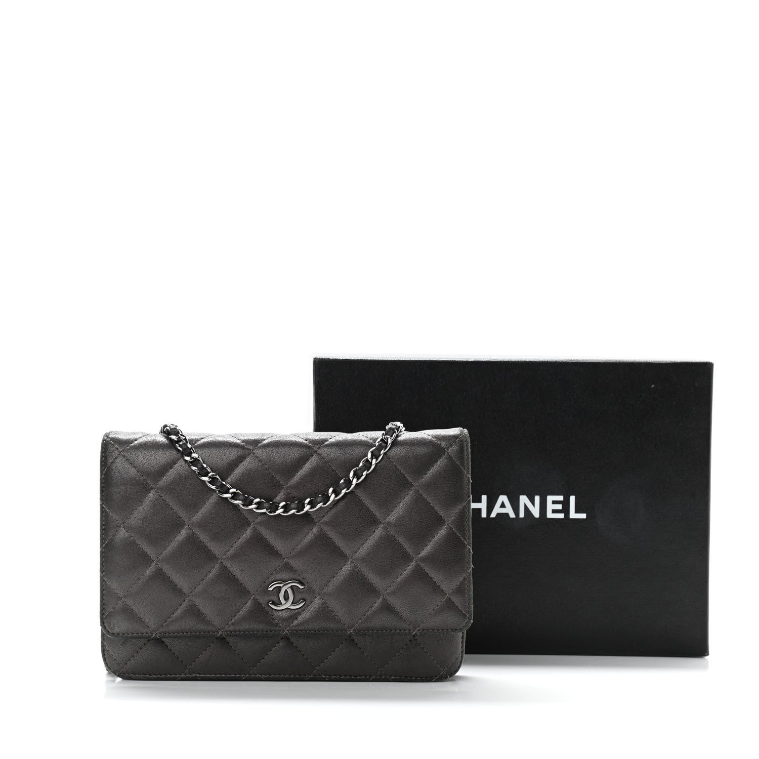 Chanel Metallic Lambskin Quilted Wallet On Chain WOC Dark Grey 12 of 12